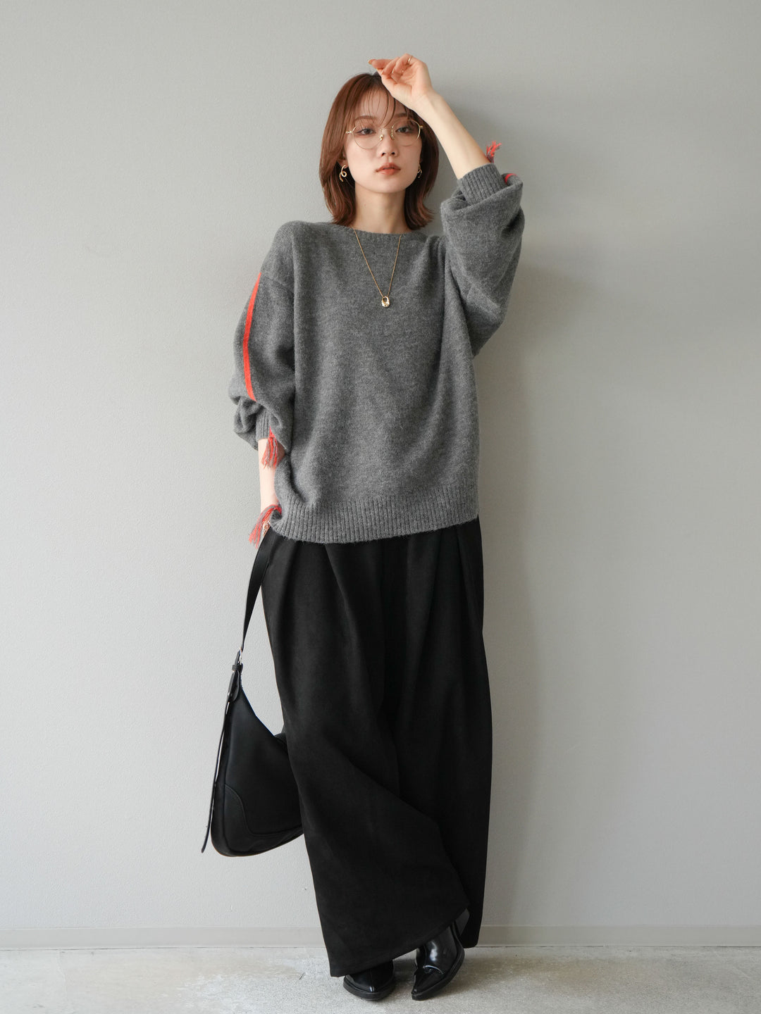 [SET]配色ステッチフリンジニットプルオーバー +スウェードタックワイドパンツ(2set)