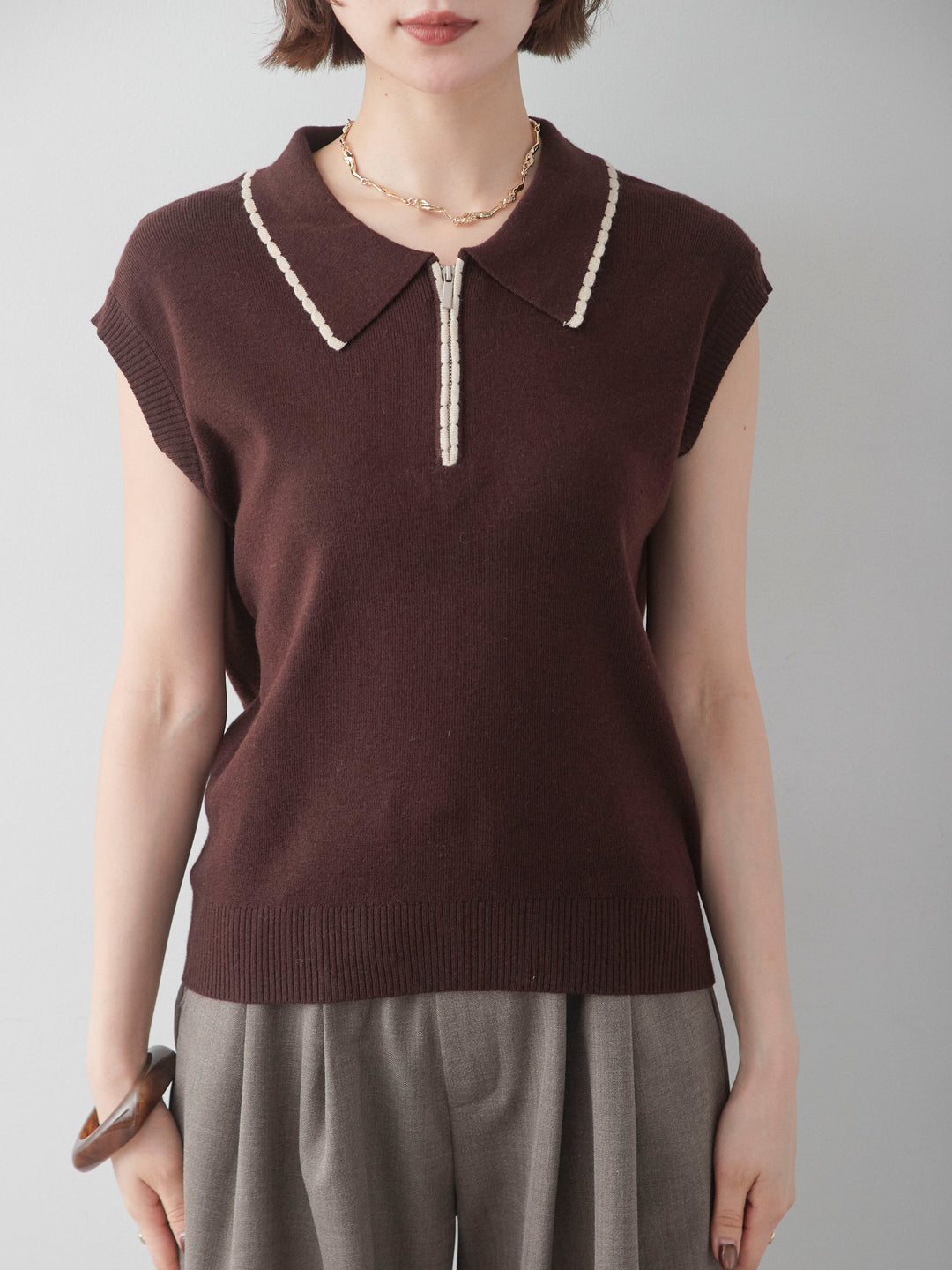 [予約]バイカラーハーフジップポロニットトップス/brown