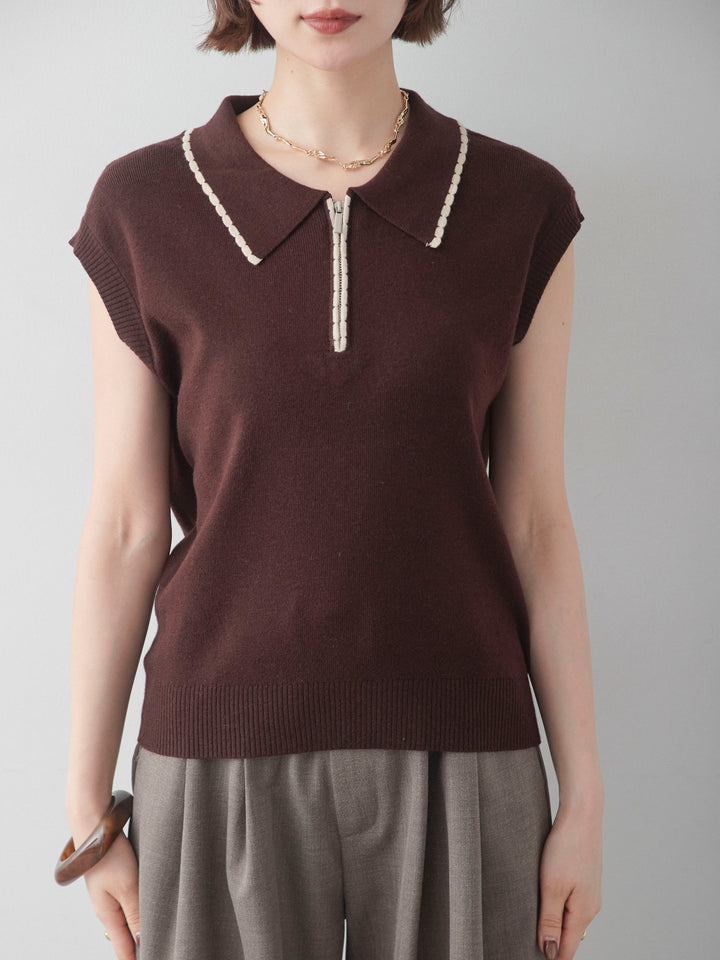 [予約]バイカラーハーフジップポロニットトップス/brown