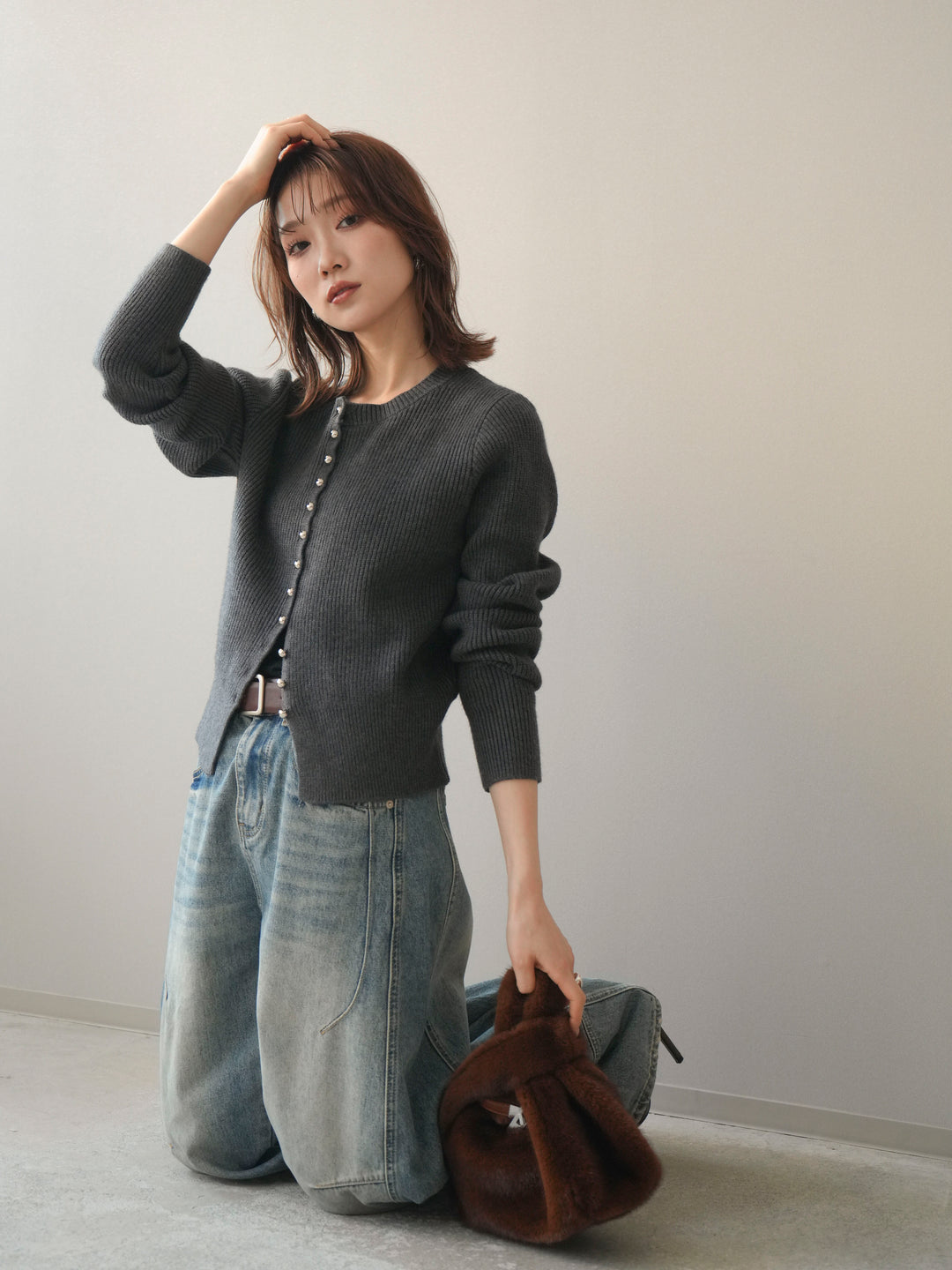 [予約]シルバーボタン畦編みニットカーディガン/charcoal