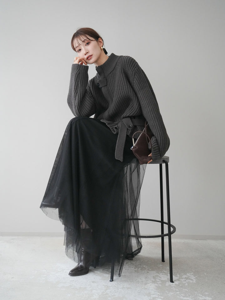 [SET]畦編みボトルネックZIPニットカーディガン+選べるアクセセット(2set)