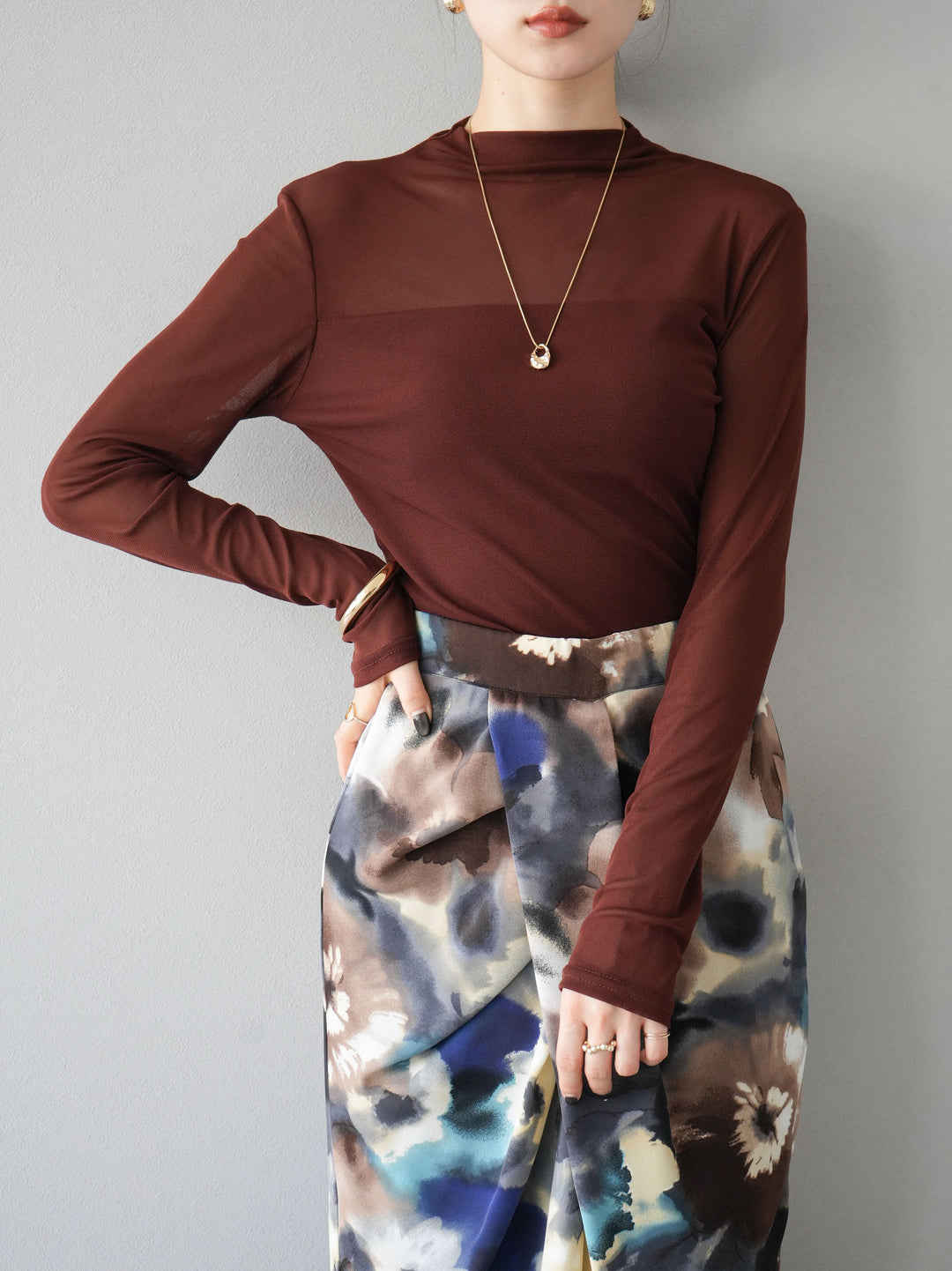 [SET]シアー切替ストレッチ長袖トップス+シアー切替ストレッチトップス(2set)