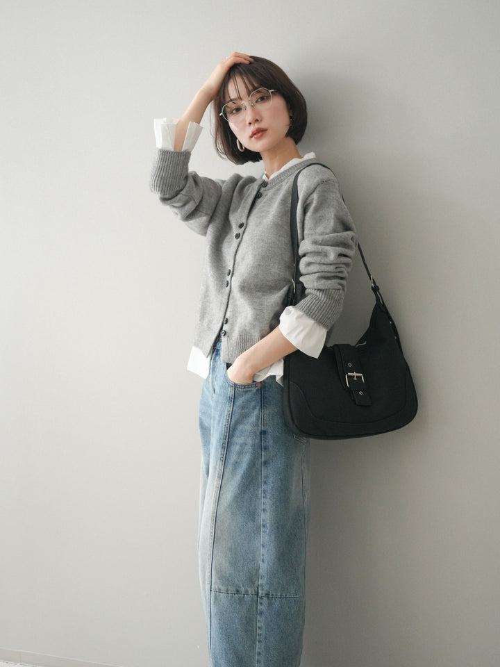 [SET]布帛ドッキングニットカーディガン+ガーメントウォッシュカーブデニムパンツ(2set)