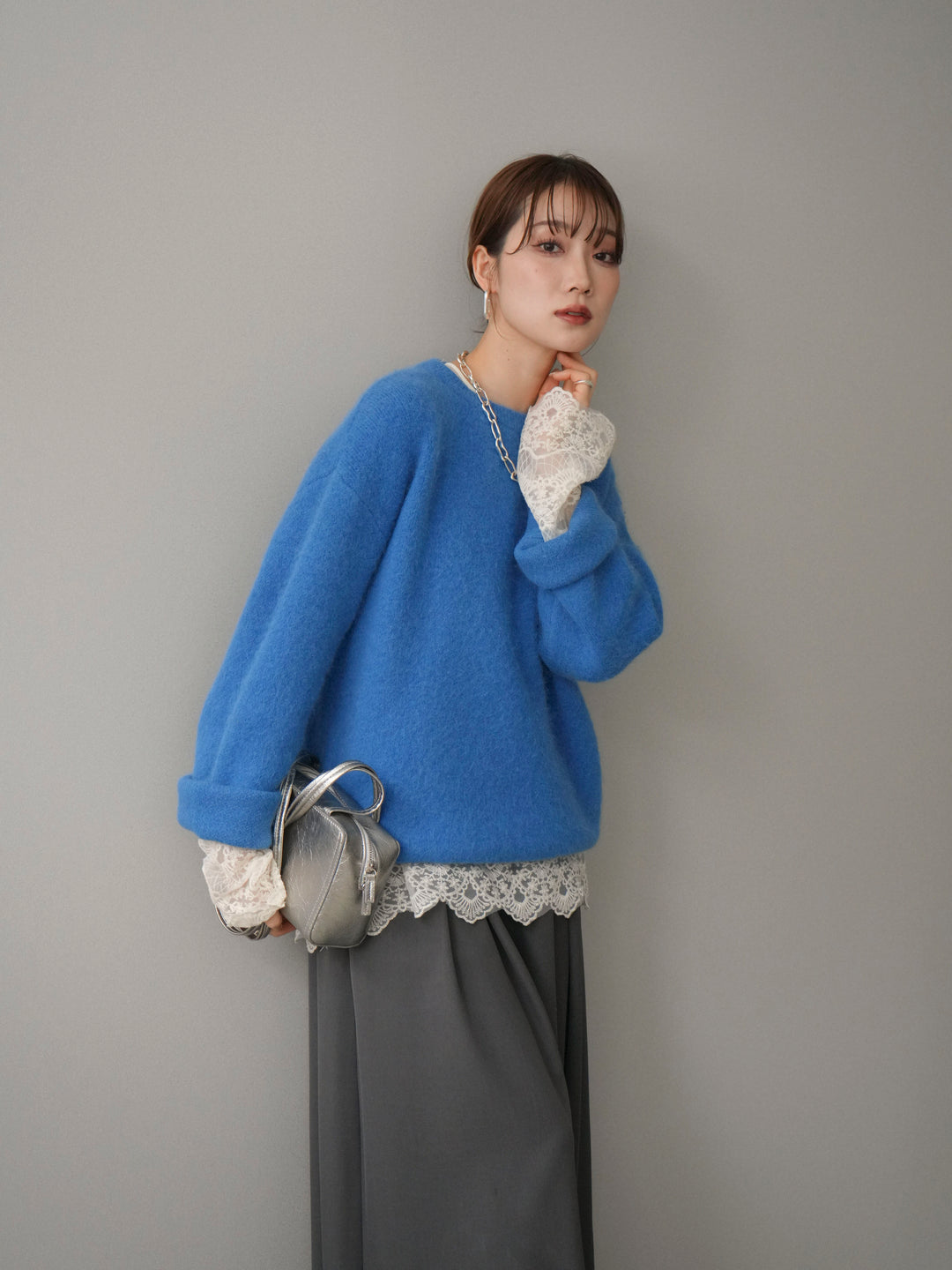 [SET]アンゴラタッチクルーネックニットプルオーバー+テープベルトタックバギーパンツ(2set)