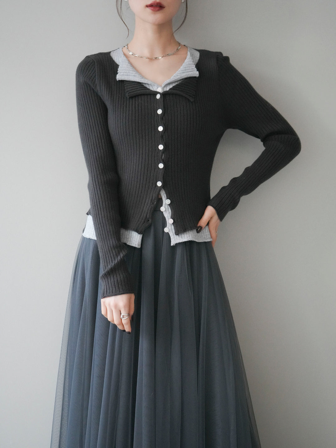 [予約]配色レイヤードリブニットカーディガン/charcoal