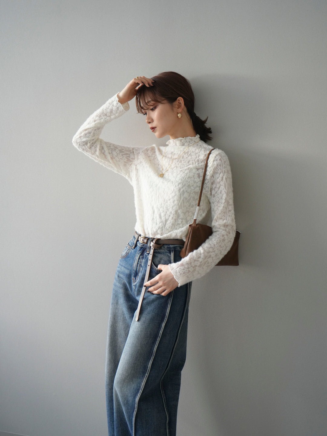 [予約]起毛レースプチネックトップス/white