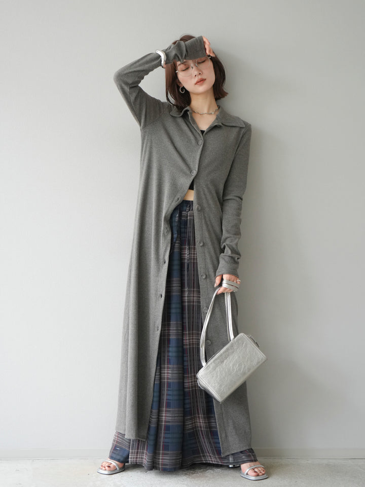 [予約]襟付きカットリブボタンワンピース/チャコール