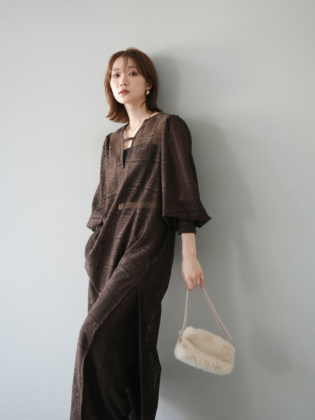 【套裝】塊蕾絲捲袖洋裝+塊蕾絲寬褲（2套）