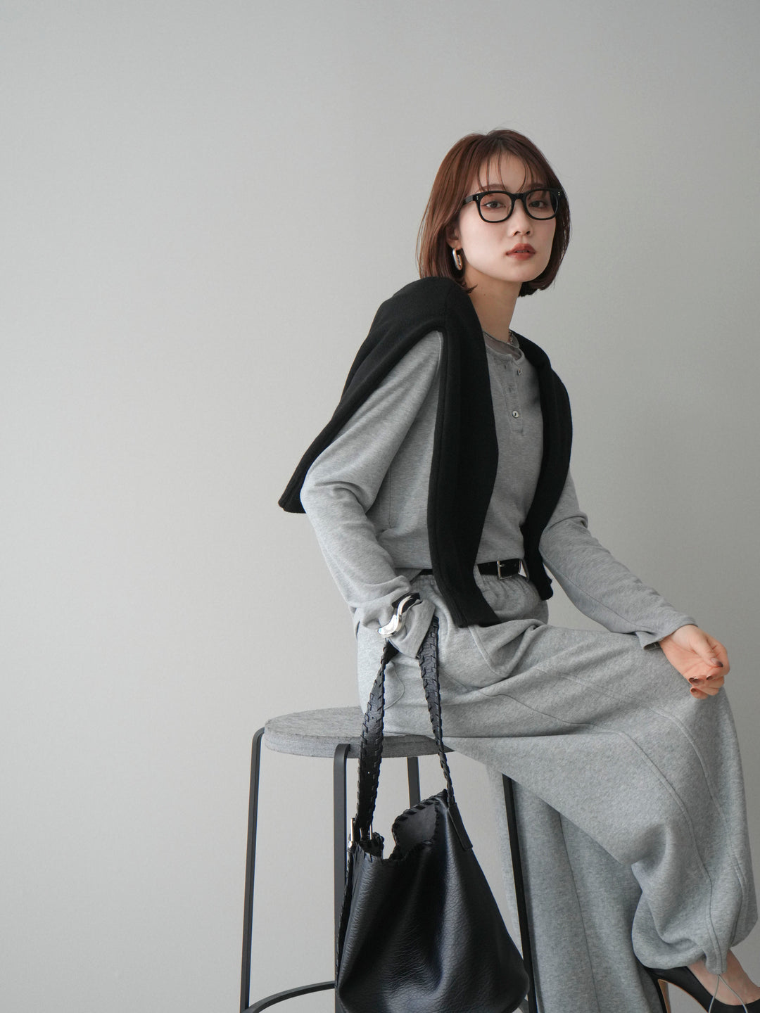 [予約]チュールレイヤードヘンリーネックカットソー/gray