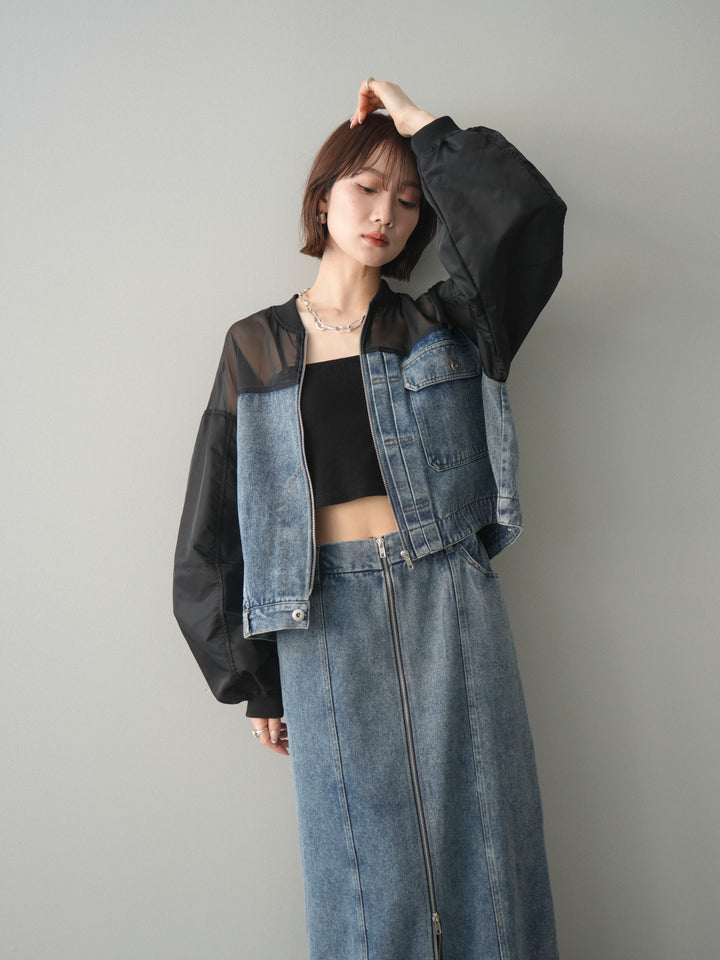 [SET]異素材デニムブルゾン+フロントジップデニムスカート(2set)