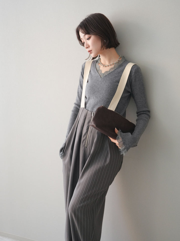 [予約]レースドッキングVネックニットトップス/gray