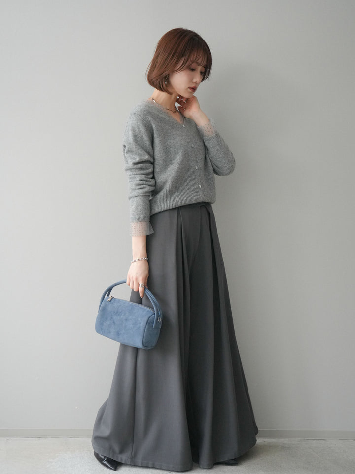 [SET]ドットチュールレイヤードボタンニットトップス+テープベルトタックバギーパンツ(2set)