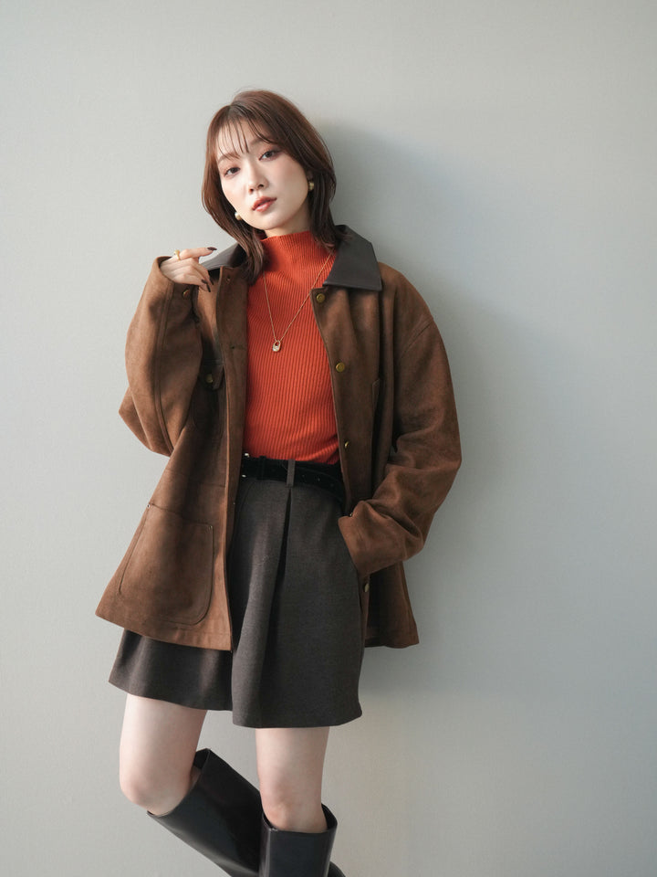 [SET]襟レザーステンカラースエードジャケット+選べるアクセセット(2set)