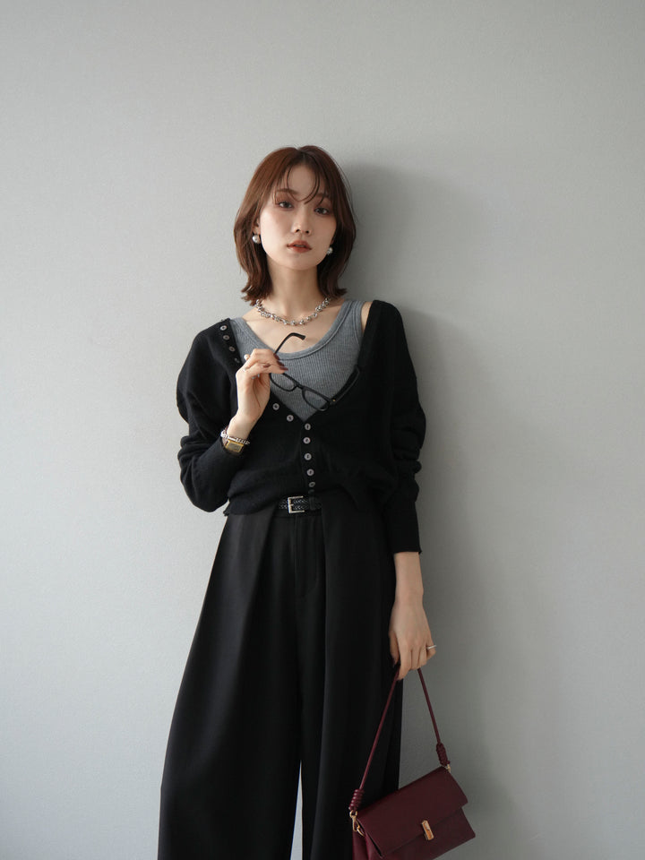 [SET]デザインボタンニットカーディガン＆タンクトップSET+ベルトループデザインワイドパンツ(2set)