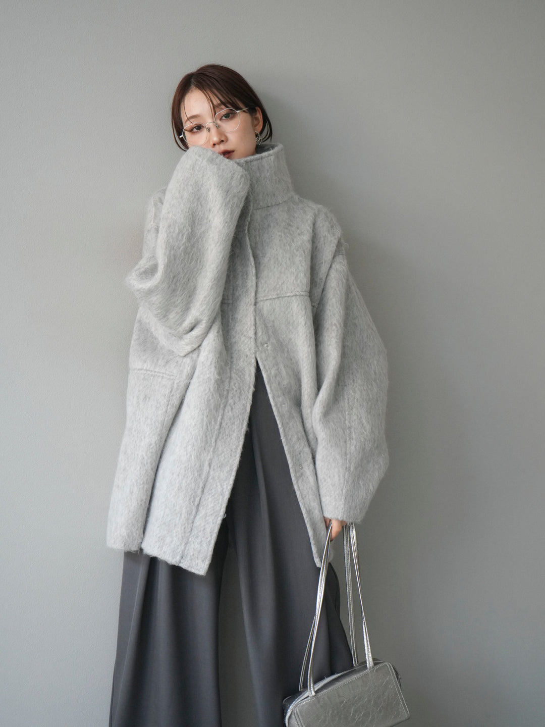 [予約]スタンドカラーシャギーコート/mokugray