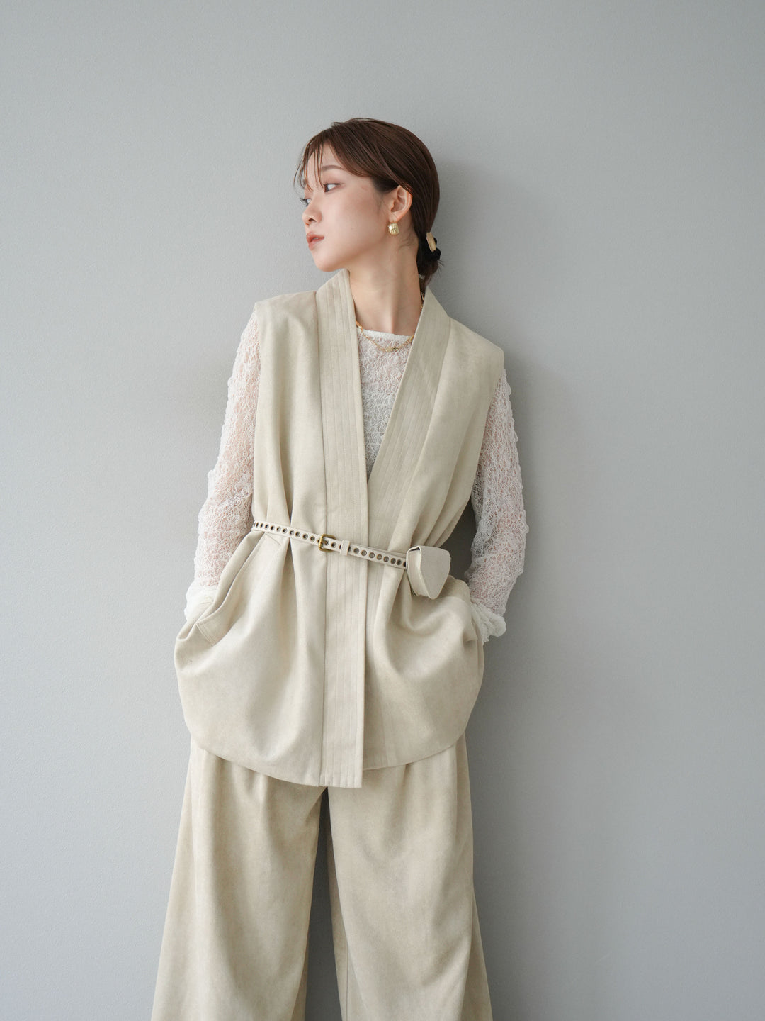 [SET]ポーチベルト付スウェードジレ×パンツSET UP(2set)