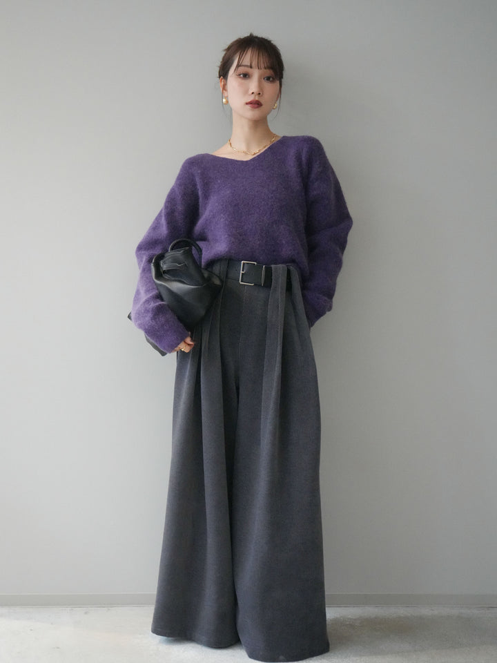 [SET]シュシュ付きアンゴラタッチVネックニットプルオーバー+ベルトデザインループコールテンワイドパンツ(ベルト付き)(2set)