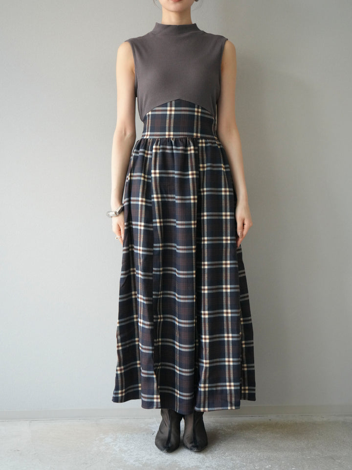 [予約]テレコ×チェックドッキングノースリワンピース/モカ×ネイビー