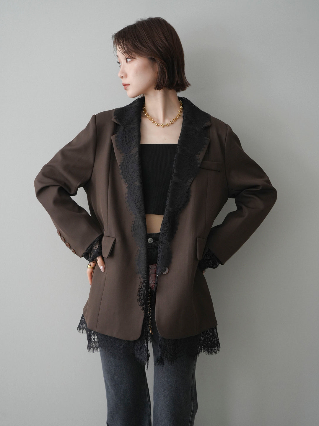 [予約]レースドッキングオーバージャケット/brown
