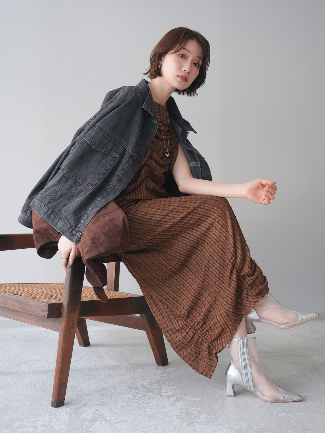 [予約]シャーリングジャガードノースリーブワンピース/brown