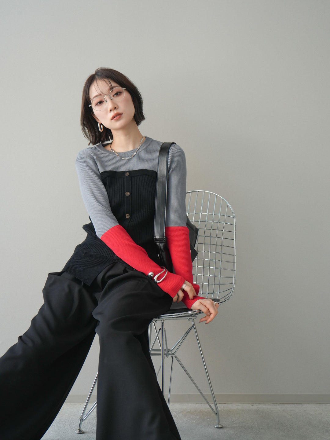 [SET]配色ビスチェドッキングリブニットトップス+選べるアクセセット(2set)