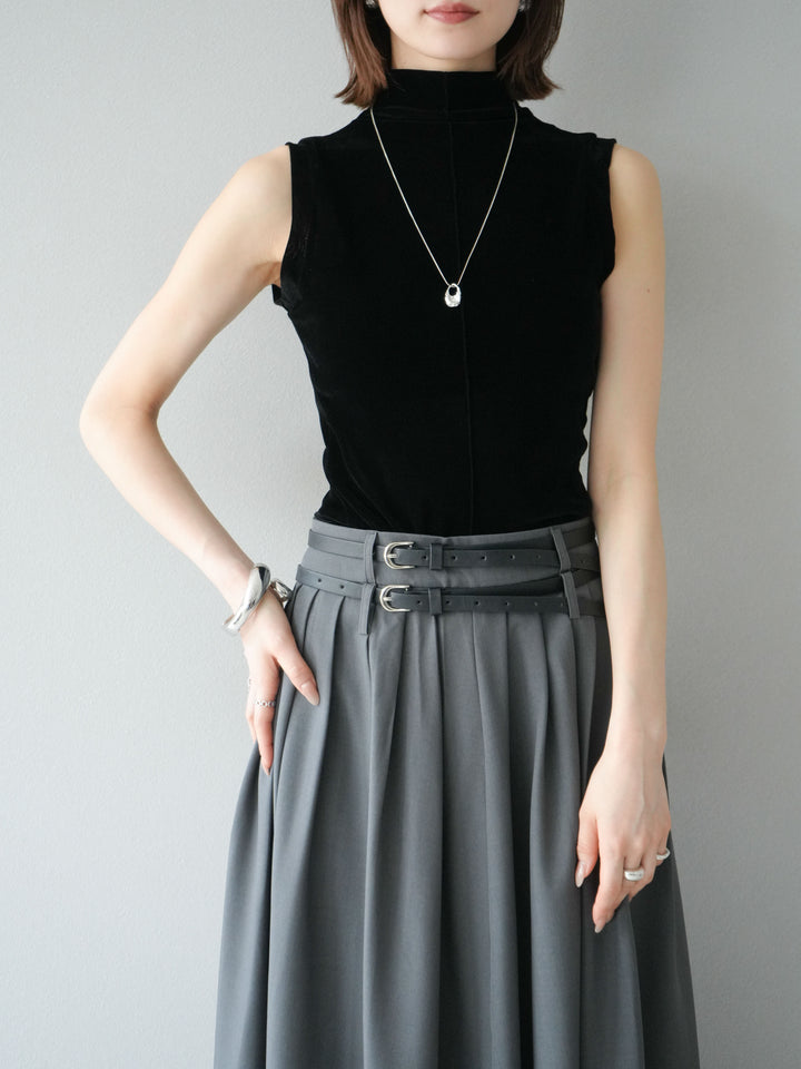 [SET]シアーベロアプチネックノースリーブトップス+エステルプリーツスリットスカート(2set)