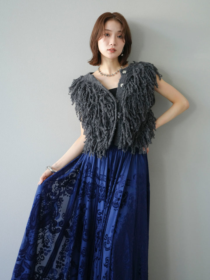 [SET]フリンジループニットベスト+アンティーク柄フロッキーマキシスカート(2set)