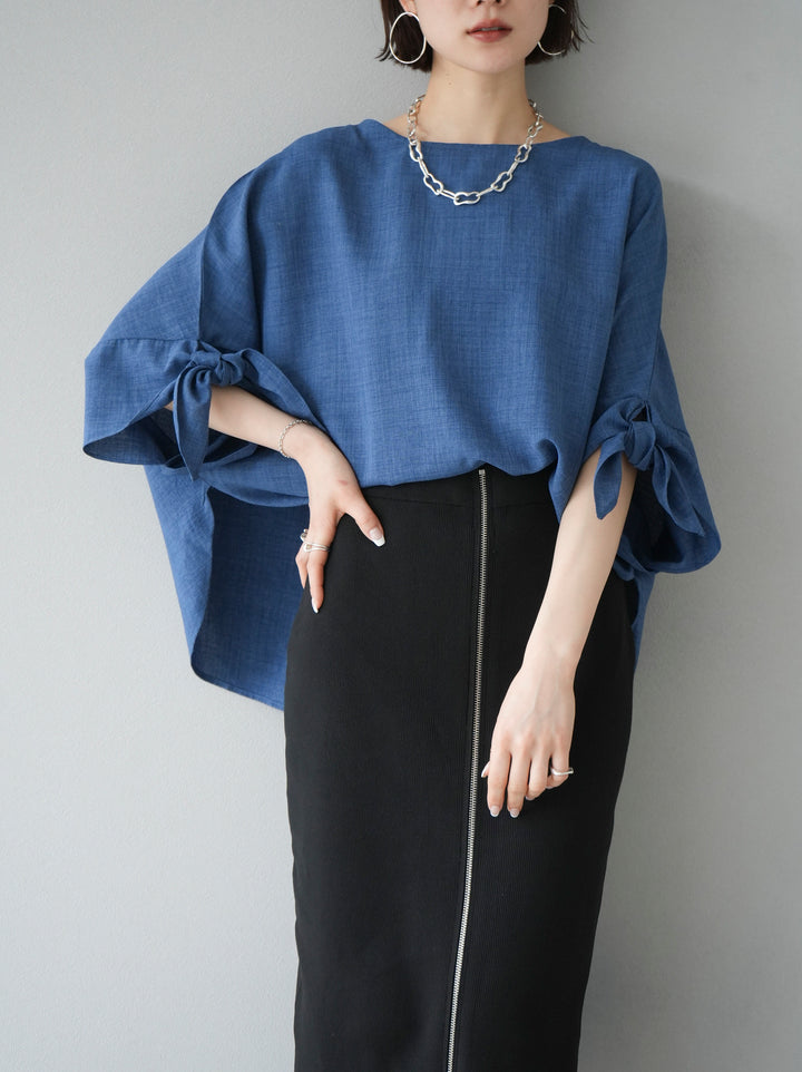 [Pre-order] Linen-touch sleeve ribbon blouse/blue