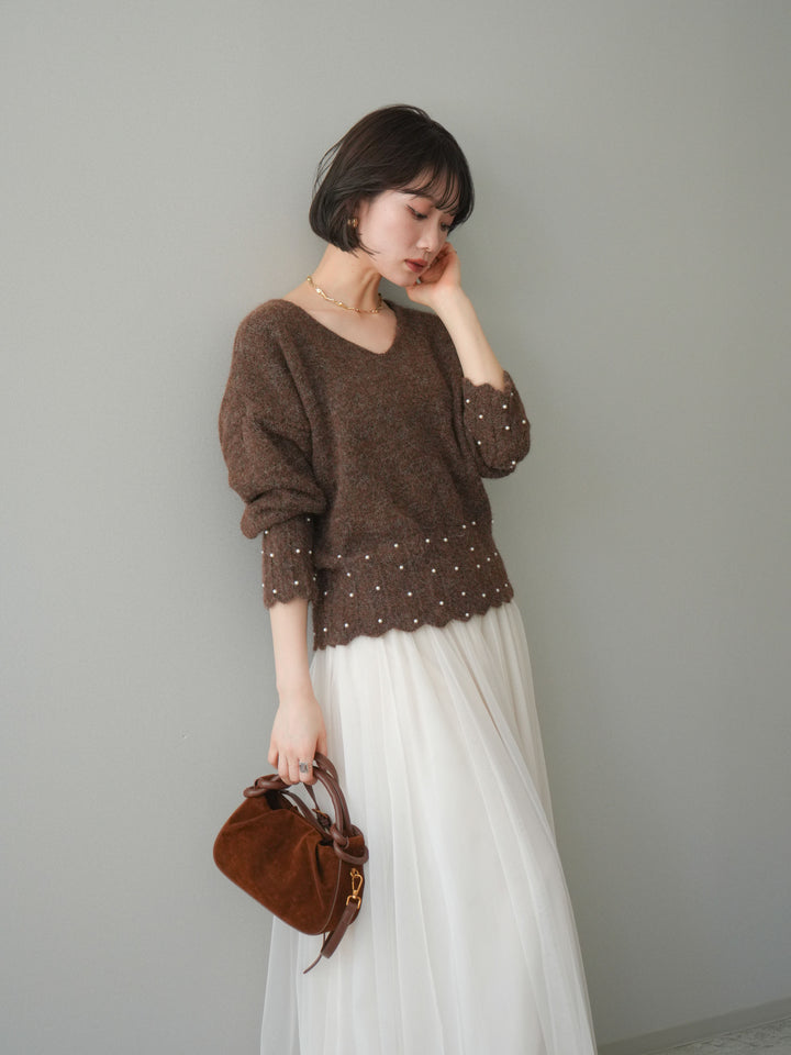 [SET]パールフリルリブヘムニットプルオーバー+選べるアクセセット(2set)