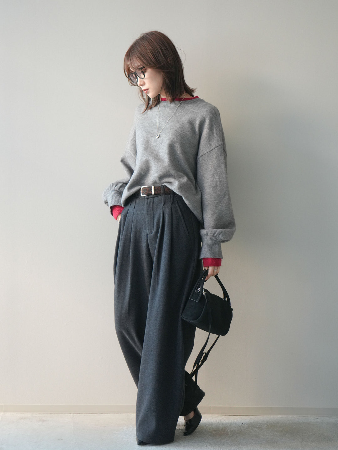 [予約]アニマル柄ベルト付きウールタッチワイドパンツ/charcoal