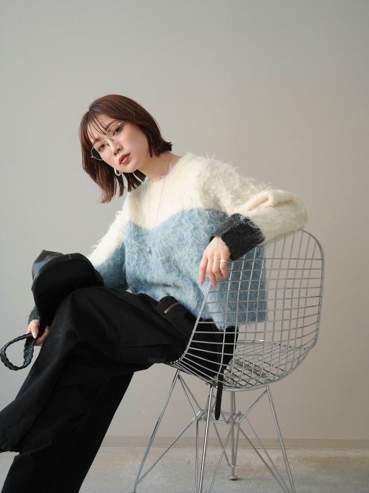 [SET]バイカラーモヘアタッチニットプルオーバー+コットンタックループパンツ(2set)