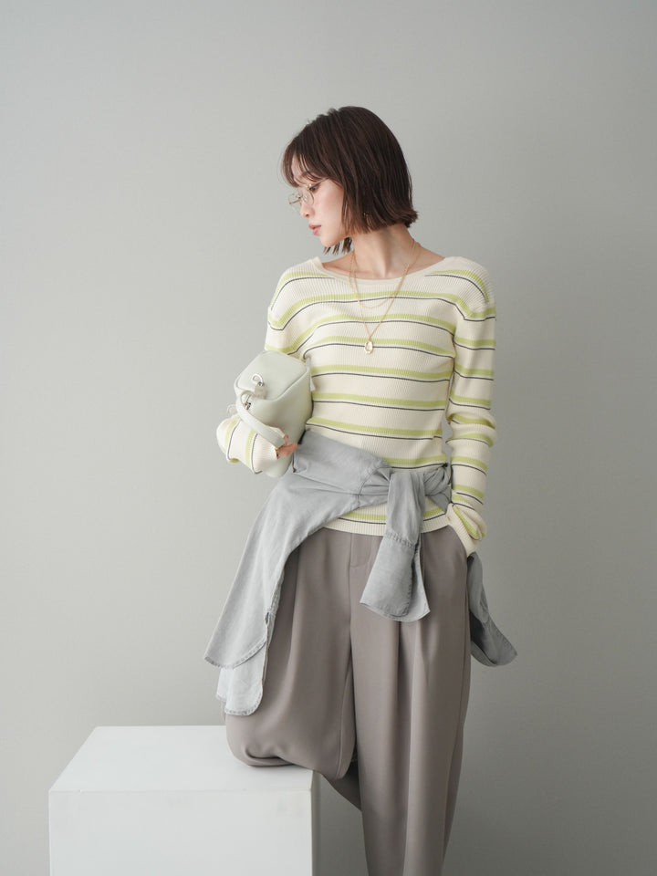 [予約]バックオープンテレコリブマルチボーダートップス/ivory