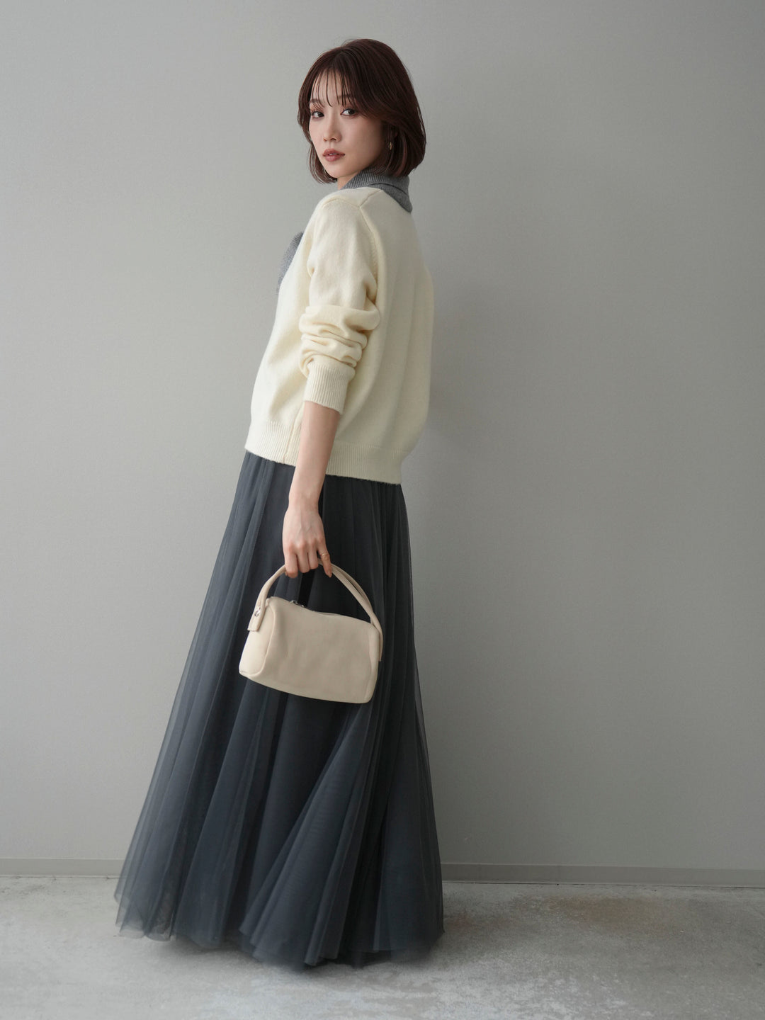 [SET]デザイン襟ニットカーディガン+チュールボリュームスカート(2set)
