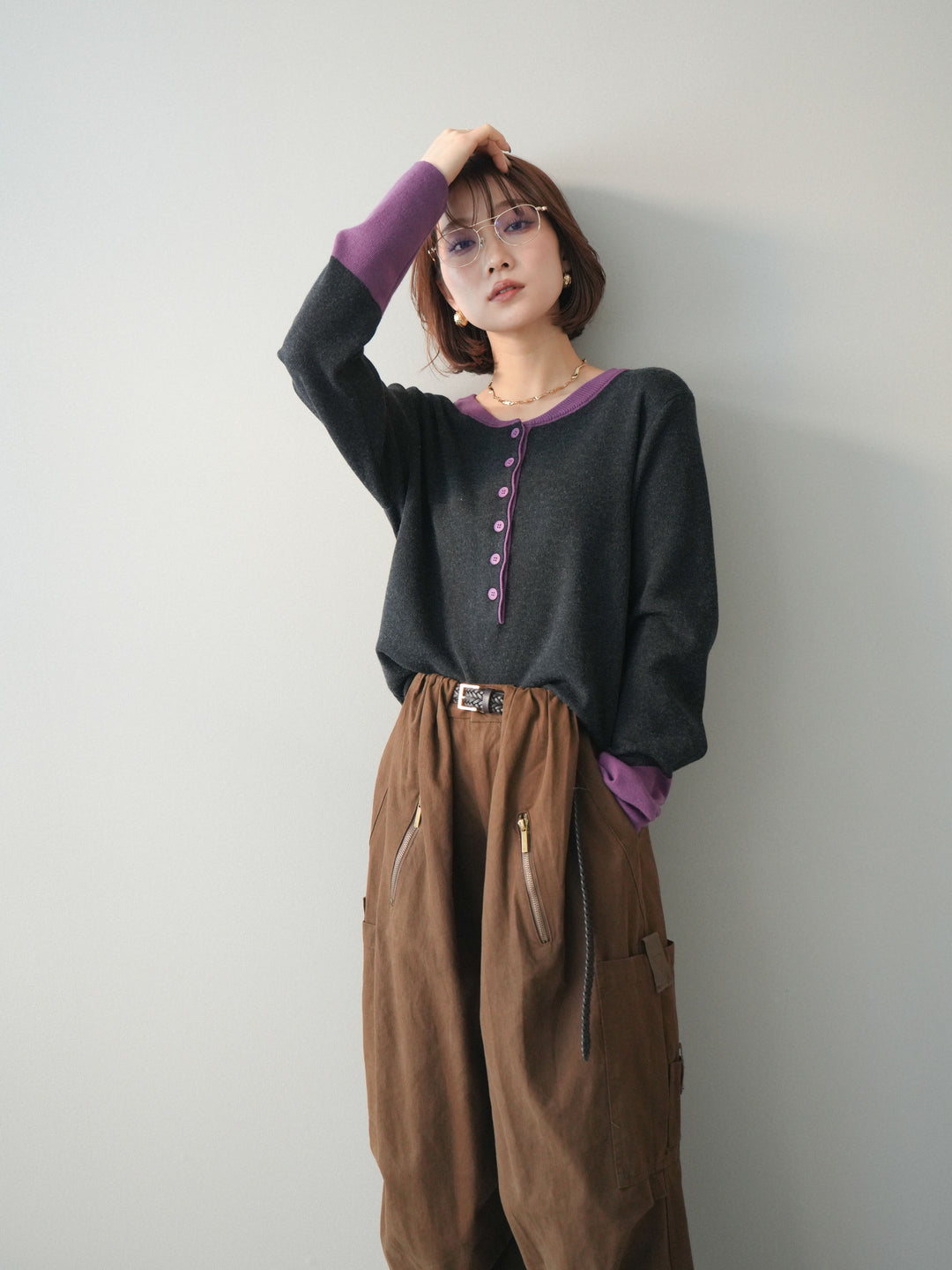 [SET]ヘンリーネック配色ニットソー+ヘンリーネック配色ニットソー(2set)