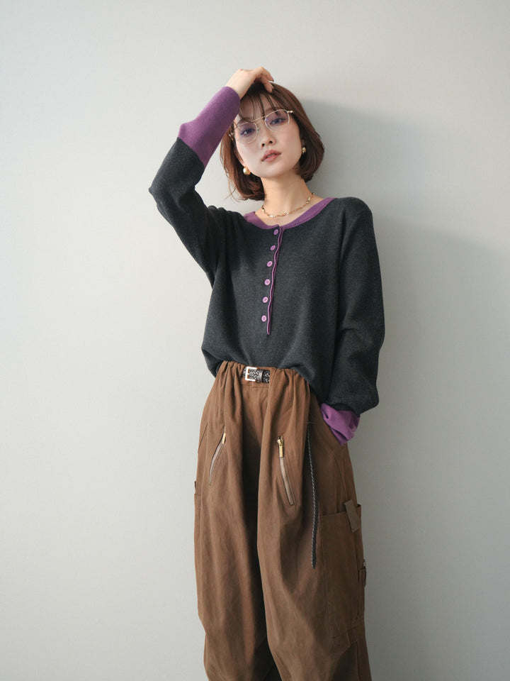 [SET]ヘンリーネック配色ニットソー+ヘンリーネック配色ニットソー(2set)