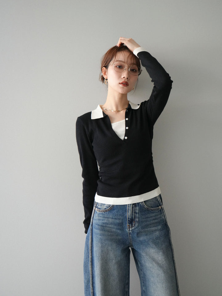 [予約]レイヤード配色ポロニットトップス/black