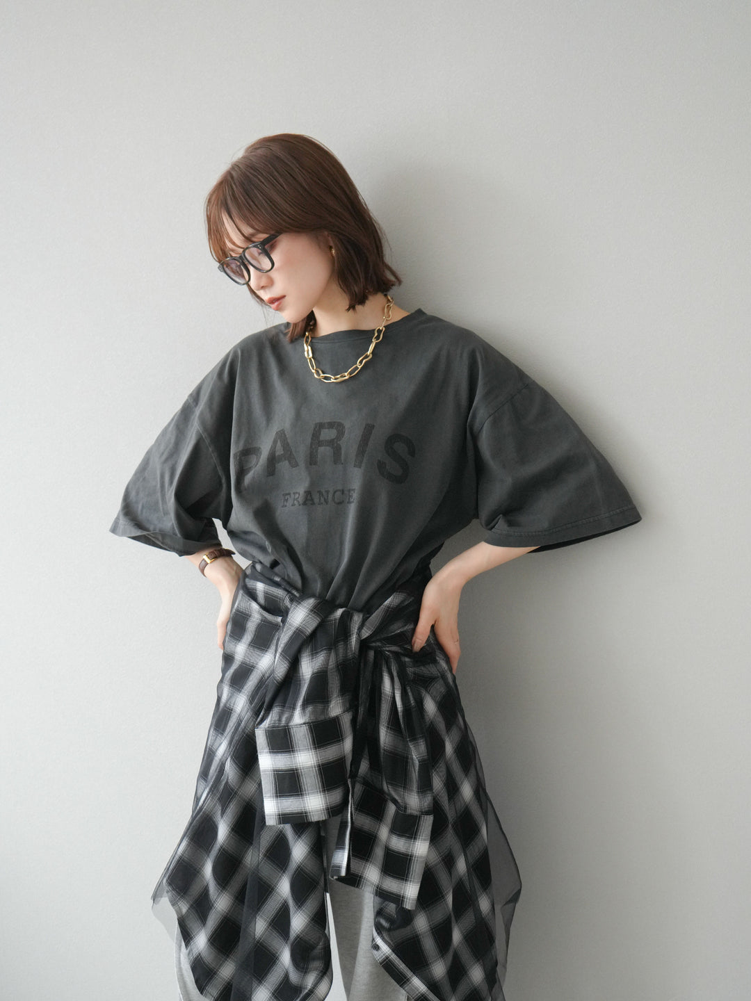 [SET]ピグメントロゴプリントTシャツ+2WAYデザインスウェットパンツ+チュールドッキングチェック柄オーバーサイズシャツ(3set)