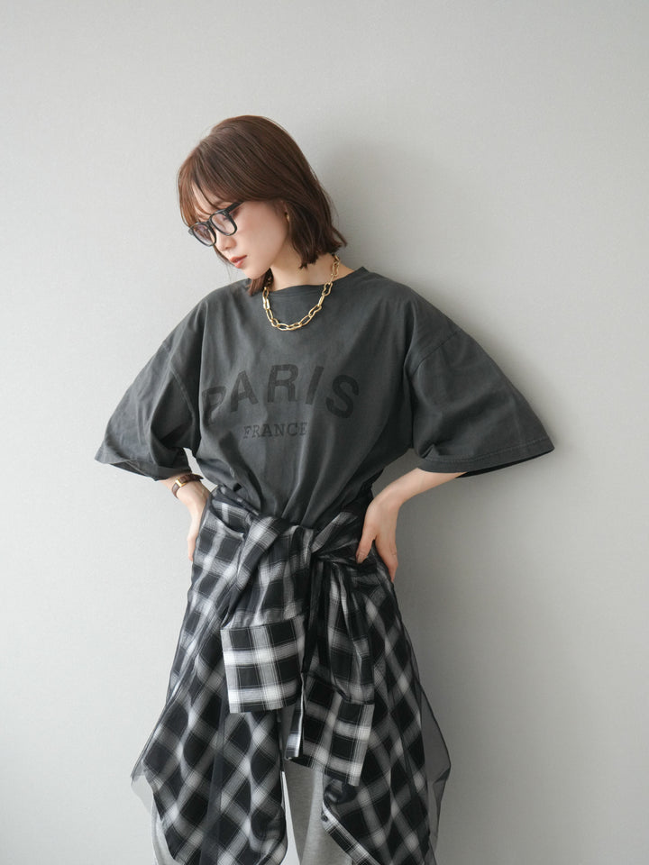 [SET]ピグメントロゴプリントTシャツ+2WAYデザインスウェットパンツ+チュールドッキングチェック柄オーバーサイズシャツ(3set)