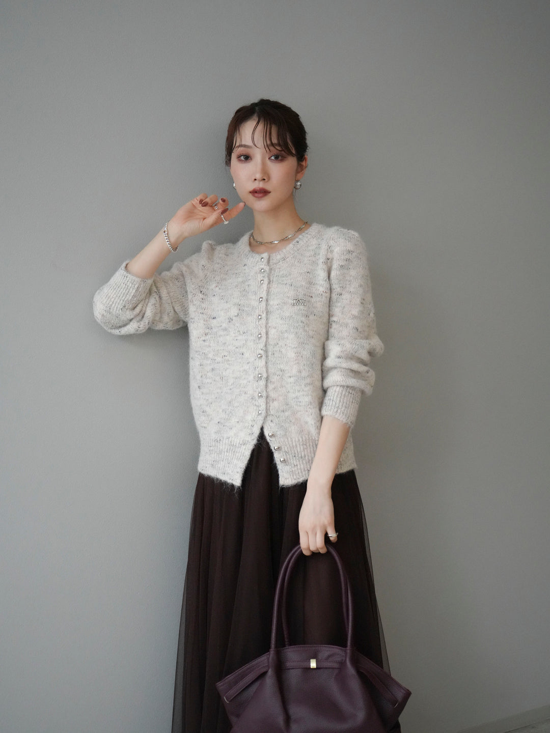 [予約]ブローチ付silverボタンミックスニットカーディガン/beige