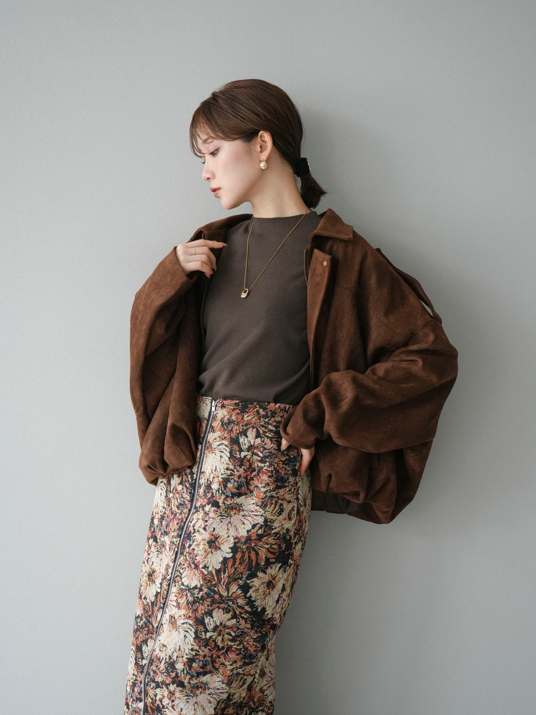 [SET]スウェードオーバーブルゾン+ゴブランフロントジップタイトスカート(2set)