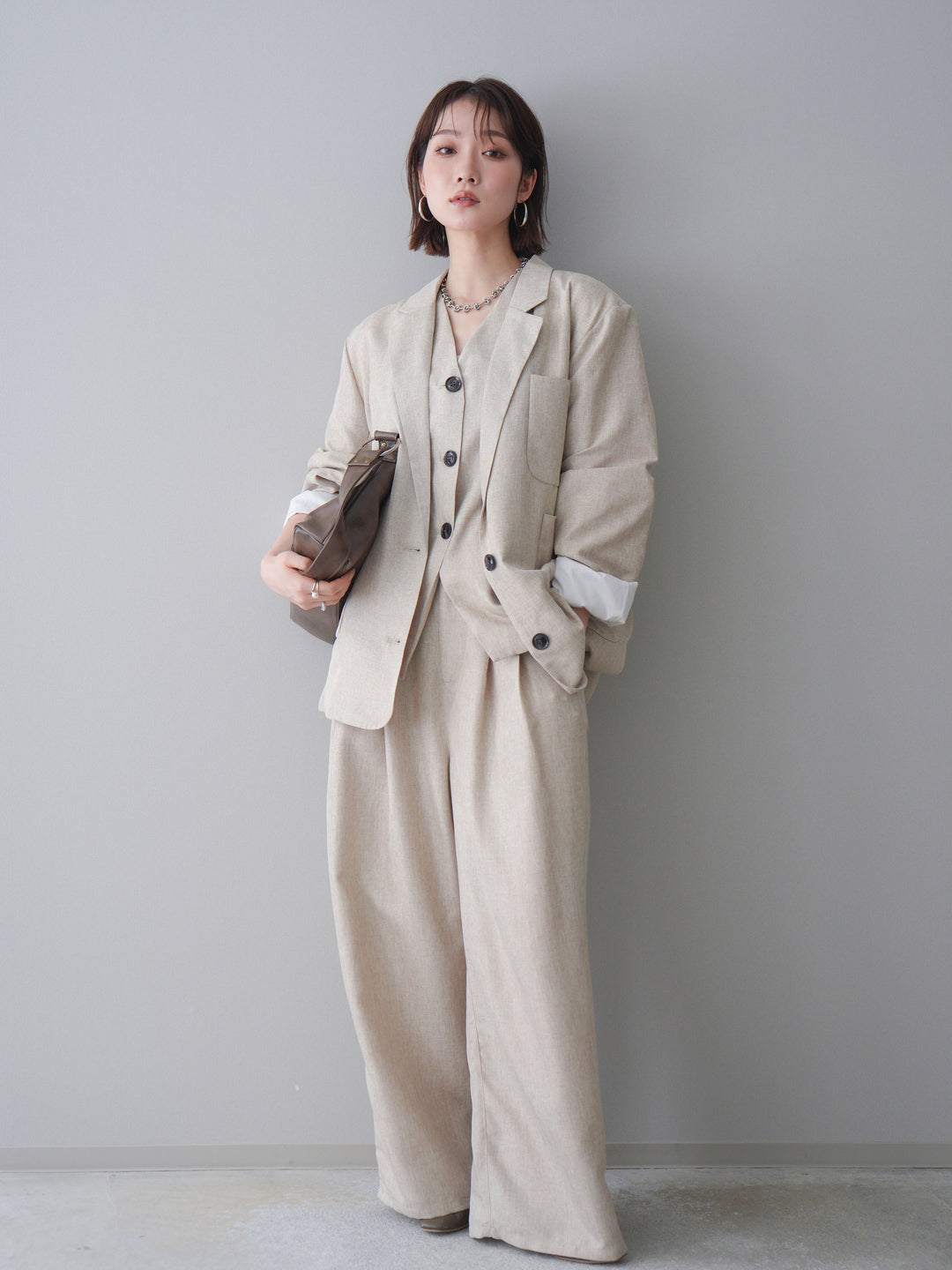 [予約]リネンライクタックワイドパンツ/oatmeal