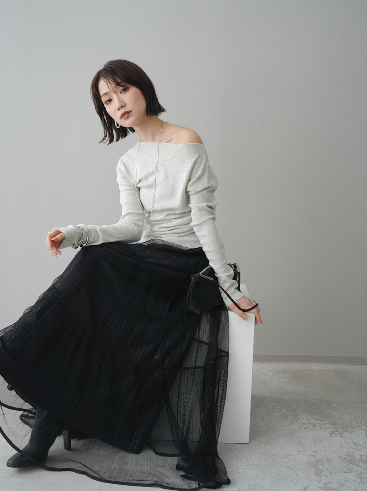 [予約]ラインストーンアシンメトリーニットトップス/gray