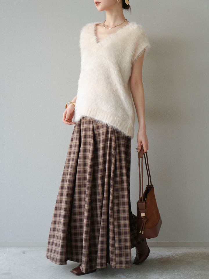 [予約]チェックタックフレアロングスカート/ ブラウン