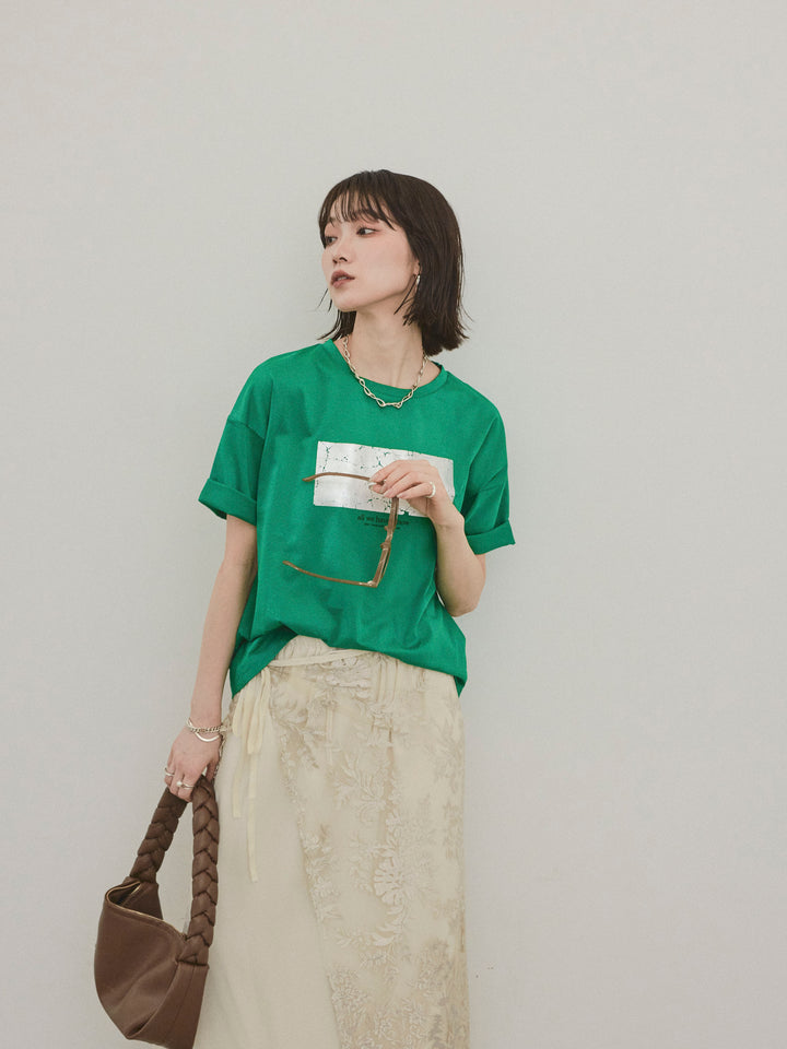 [SET]箔プリントドライタッチコットンTEE +チュールジャガードラップロングスカート(2set)