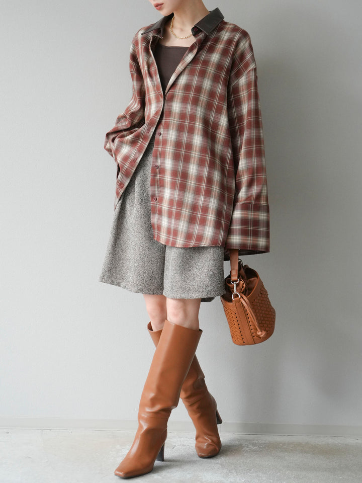 [SET]レザー襟オンブレチェックオーバーシャツ +ツイードハーフパンツ(2set)
