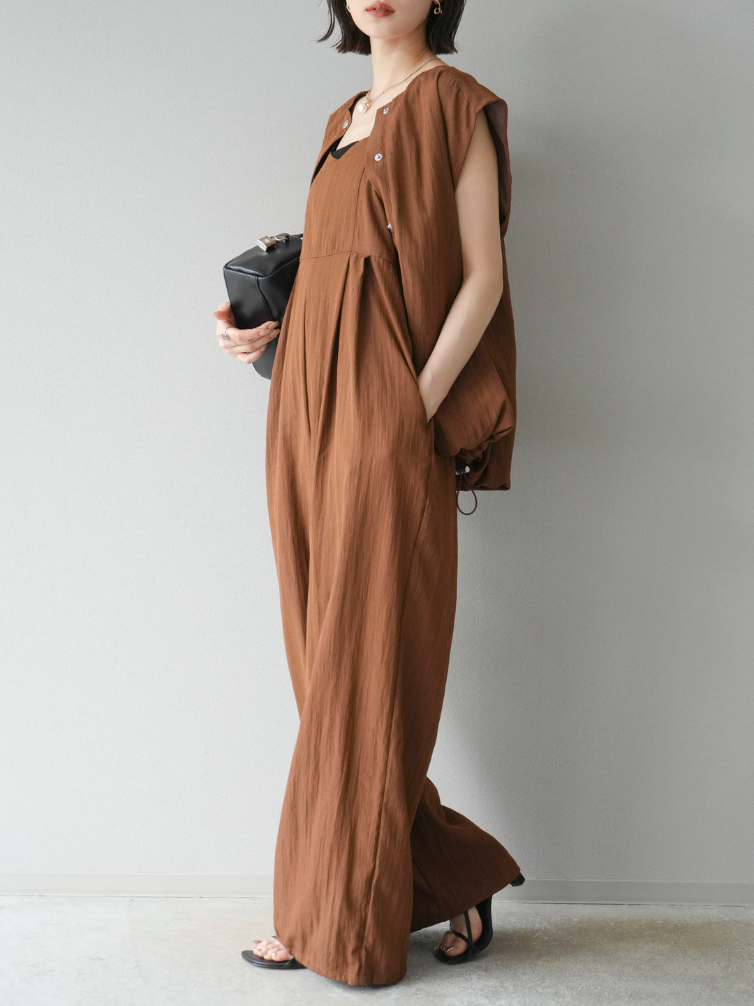 [SET]リネンライクビスチェデザインサロペット+リネンライクドロストバルーンブルゾン(2set)