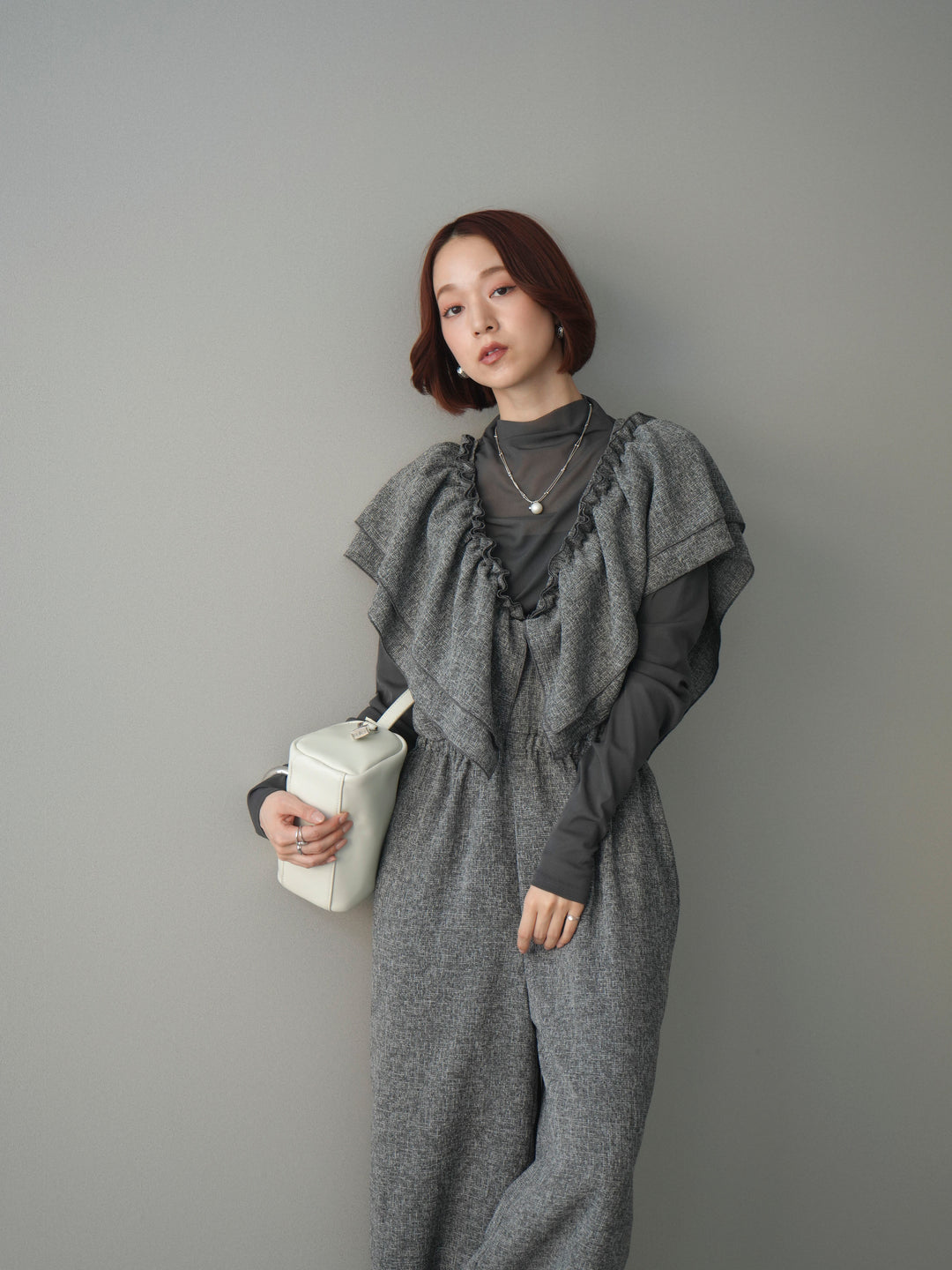 [SET]3WAYミックスツイードギャザーオールインワン+シアープチネックストレッチトップス(2set)