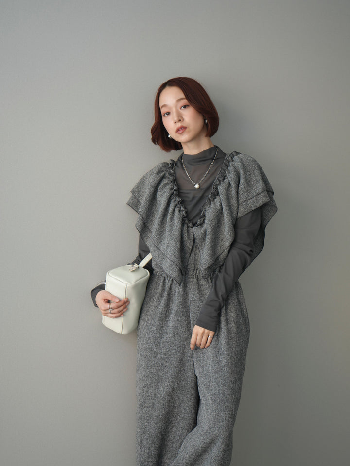 [SET]3WAYミックスツイードギャザーオールインワン+シアープチネックストレッチトップス(2set)