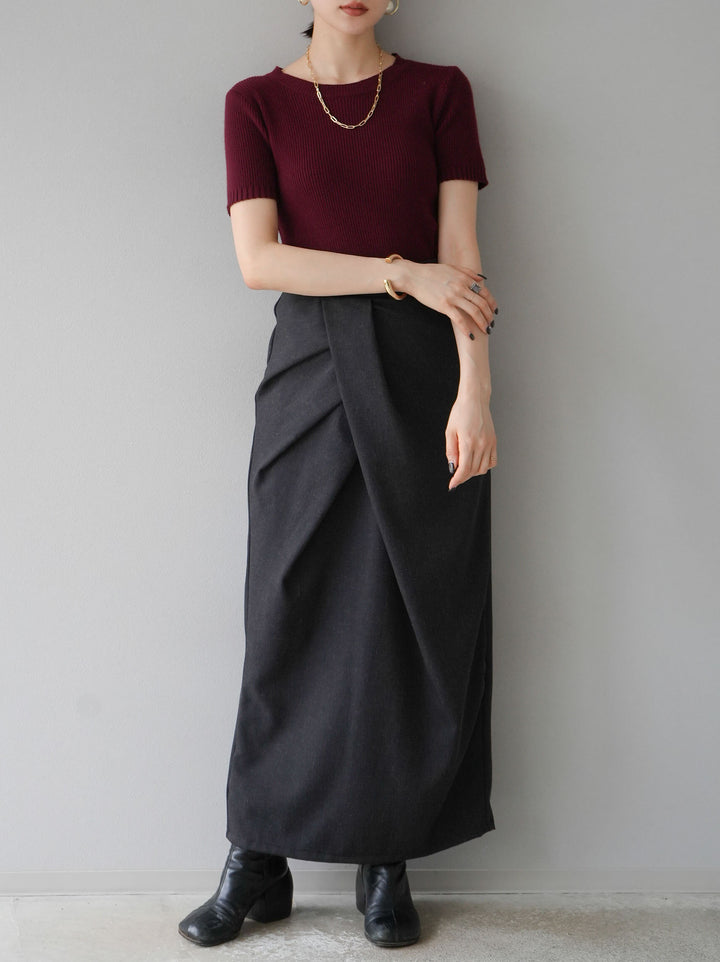 [予約]バックホールハーフスリーブリブニットトップス/ボルドー