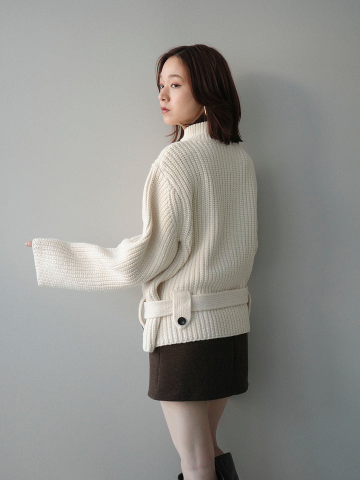 [予約]畦編みボトルネックZIPニットカーディガン/white